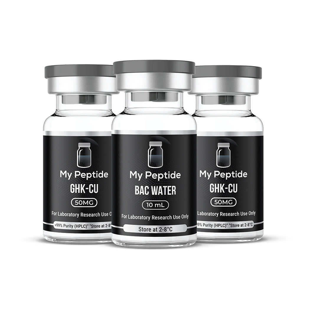 AURA Bundle research peptide package containing dual GHK-Cu 50mg lyophilised vials supplied with 10mL bacteriostatic water for laboratory research use.